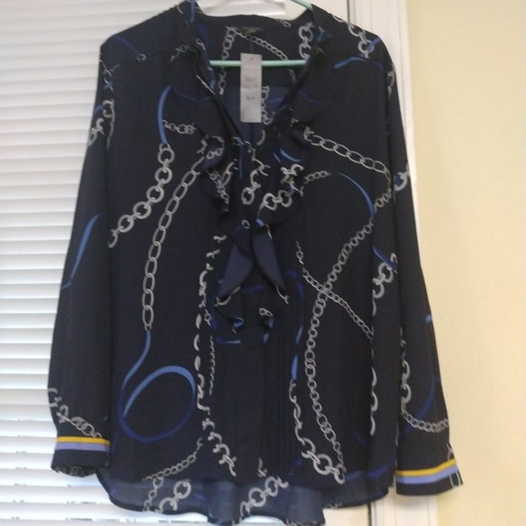 ❤️ANN TAYLOR Blouse, Size XLP Navy White Yellow New W/ $89.50 TAG - Picture 1 of 9